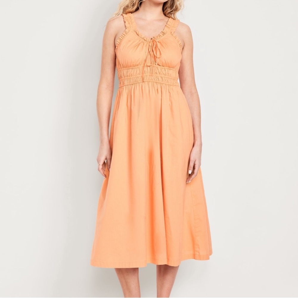 Sleeveless Peach Midi Dress with Ruffle Trim